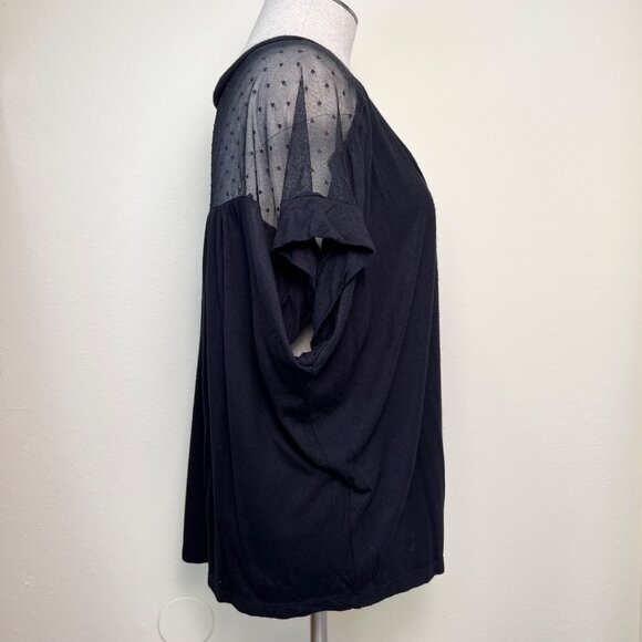 SOPRANO Black Sheer Polka Dot Mesh Panel Short Sleeve Top Size Large - Picture 4 of 9